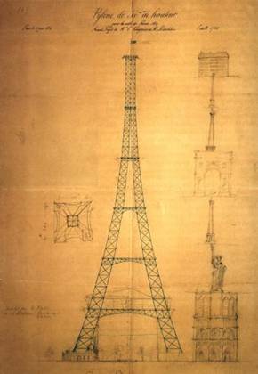 Le pylne en fer de 300 mètres, dessin par Maurice Koechlin le 6 juin 1884, qui prfigure ce que sera la tour Eiffel 5 ans plus tard.