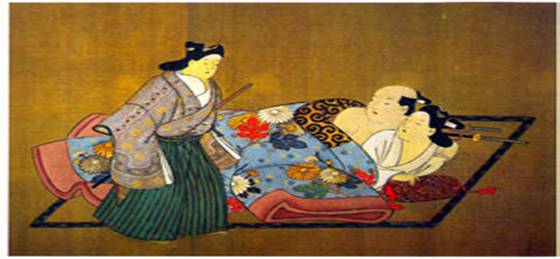 Trei samurai. Miyakawa Choshun (1682-1753). Panou de la un sul erotic, pictura pe matase
