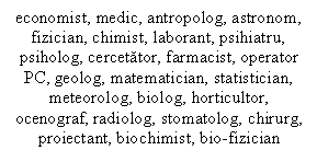 Text Box: economist, medic, antropolog, astronom, fizician, chimist, laborant, psihiatru, psiholog, cercetator, farmacist, operator PC, geolog, matematician, statistician, meteorolog, biolog, horticultor, ocenograf, radiolog, stomatolog, chirurg, proiectant, biochimist, bio-fizician

