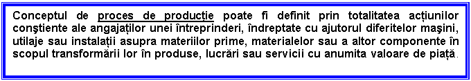 Text Box: Conceptul de proces de productie poate fi definit prin totalitatea actiunilor constiente ale angajatilor unei intreprinderi, indreptate cu ajutorul diferitelor masini, utilaje sau instalatii asupra materiilor prime, materialelor sau a altor componente in scopul transformarii lor in produse, lucrari sau servicii cu anumita valoare de piata.