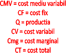 CMV = cost mediu variabil
CF = cost fix
Q = productia
CV = cost variabil
Cmg = cost marginal
CT = cost total
