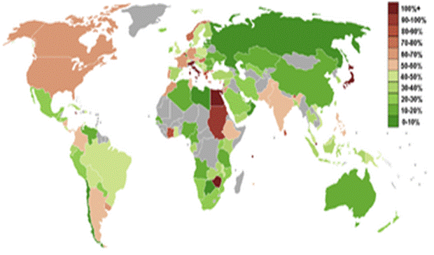 Carte de la dette publique en % du PIBVoir aussi : Liste de pays par dette publique.