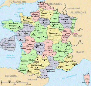 Cele 22 de regiuni si 96 de departamente ale Frantei metropolitane.