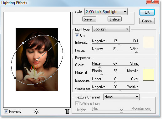 Photoshop's Lighting Effects filter dialog box