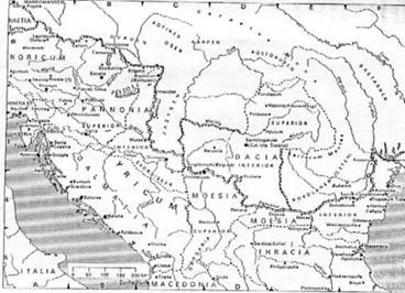 Harta provinciilor romane Dacia, Iliria, Panonia, Dalmatia, Moesia