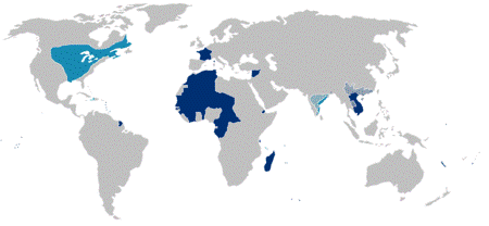 Harta primului (albastru deschis) si al celui de-al doilea (albastru inchis) imperiu coloial francez