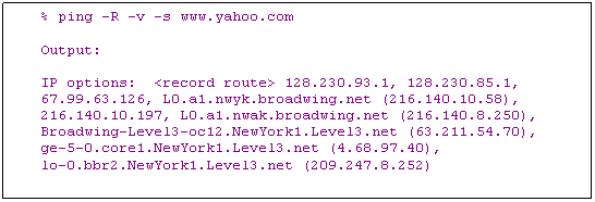 Text Box: % ping �CR �Cv �Cs www.yahoo.com 

Output:

IP options: <record route> 128.230.93.1, 128.230.85.1, 67.99.63.126, L0.a1.nwyk.broadwing.net (216.140.10.58), 216.140.10.197, L0.a1.nwak.broadwing.net (216.140.8.250), Broadwing-Level3-oc12.NewYork1.Level3.net (63.211.54.70), 
ge-5-0.core1.NewYork1.Level3.net (4.68.97.40), 
lo-0.bbr2.NewYork1.Level3.net (209.247.8.252)
