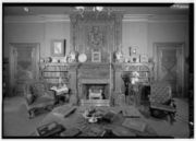 The library of the Mark Twain House, which features hand-stenciled paneling, fireplaces from India, embossed wallpapers and an enormous hand-carved mantel that the Twains purchased in Scotland (HABS photo)