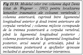 Text Box: Fig 13.53. Modelul celor trei columne dupa Denis (citat de Wegener - 1992) pentru localizarea leziunilor traumatice ale coloanei vertebrale : columna anterioara, cuprinsa intre ligamentul longitudinal anterior si doua treimi anterioare ale corpului vertebral ; columna mijlocie corespunde de la treimea posterioara a corpului vertebral, pana la ligamentul longitudinal posterior ; columna posterioara de la ligamentul longitudinal posterior, arcul neural si articulatii, pana la extremitatea posterioara a apofizelor spinoase incluzand si aparatul ligamentar interspinos.