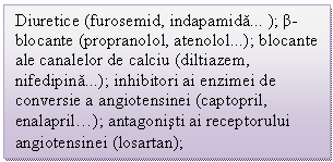 Text Box: Diuretice (furosemid, indapamida ); β-blocante (propranolol, atenolol); blocante ale canalelor de calciu (diltiazem, nifedipina); inhibitori ai enzimei de conversie a angiotensinei (captopril, enalapril.); antagonisti ai receptorului angiotensinei (losartan);