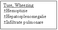Text Box: Tuse, Wheezing
�Hemoptizie
�Hepatosplenomegalie
�Infiltrate pulmonare 
