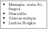 Text Box: .	Meningita: virala, tbc,. fungica
.	Neurosifilis
.	Scleroza multipla
.	Limfom Hodgkin

