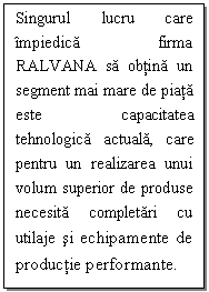 Text Box: Singurul lucru care impiedica firma RALVANA sa obtina un segment mai mare de piata este capacitatea tehnologica actuala, care pentru un realizarea unui volum superior de produse necesita completari cu utilaje si echipamente de productie performante.

