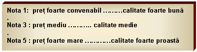 Text Box: Nota 1: pret foarte convenabil ...calitate foarte buna
.
Nota 3 : pret mediu ..... calitate medie
.
Nota 5 : pret foarte mare ....calitate foarte proasta
