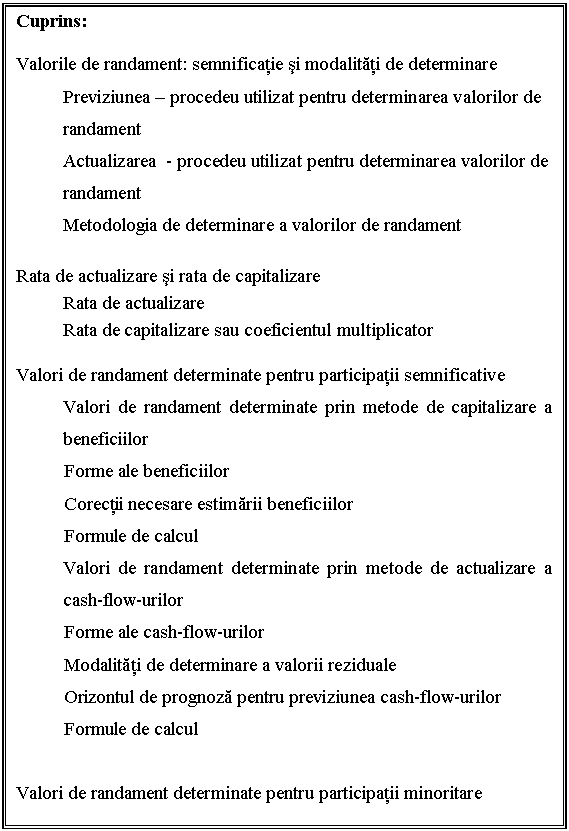 Text Box: Cuprins:

Valorile de randament: semnificatie si modalitati de determinare
Previziunea - procedeu utilizat pentru determinarea valorilor de randament
Actualizarea - procedeu utilizat pentru determinarea valorilor de randament
Metodologia de determinare a valorilor de randament

Rata de actualizare si rata de capitalizare
Rata de actualizare 
Rata de capitalizare sau coeficientul multiplicator

Valori de randament determinate pentru participatii semnificative 
Valori de randament determinate prin metode de capitalizare a beneficiilor 
 Forme ale beneficiilor
 Corectii necesare estimarii beneficiilor
 Formule de calcul
Valori de randament determinate prin metode de actualizare a cash-flow-urilor
 Forme ale cash-flow-urilor
 Modalitati de determinare a valorii reziduale
 Orizontul de prognoza pentru previziunea cash-flow-urilor
 Formule de calcul

Valori de randament determinate pentru participatii minoritare

 

 


