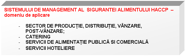 Text Box: SISTEMULUI DE MANAGEMENT AL SIGURANTEI ALIMENTULUI HACCP - domeniu de aplicare

- SECTOR DE PRODUCTIE, DISTRIBUTIE, VANZARE, 
POST-VANZARE;
- CATERING
- SERVICII DE ALIMENTATIE PUBLICA SI COMERCIALA
- SERVICII HOTELIERE
