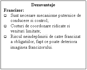 Text Box: Dezavantaje
Francizor:
q Sunt necesare mecanisme puternice de conducere si control;
q Costuri de coordonare ridicate si venituri limitate;
q Riscul neindeplinirii de catre francizat a obligatiilor, fapt ce poate deteriora imaginea francizorului.
