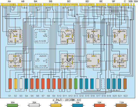 Схема внутренних соединений блока реле SKODA FELICIA LX