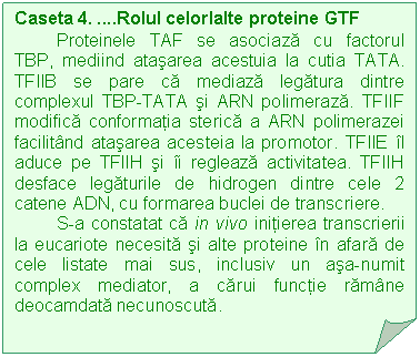 Folded Corner: Caseta 4. .Rolul celorlalte proteine GTF
Proteinele TAF se asociaza cu factorul TBP, mediind atasarea acestuia la cutia TATA. TFIIB se pare ca mediaza legatura dintre complexul TBP-TATA si ARN polimeraza. TFIIF modifica conformatia sterica a ARN polimerazei facilitand atasarea acesteia la promotor. TFIIE il aduce pe TFIIH si ii regleaza activitatea. TFIIH desface legaturile de hidrogen dintre cele 2 catene ADN, cu formarea buclei de transcriere.
S-a constatat ca in vivo initierea transcrierii la eucariote necesita si alte proteine in afara de cele listate mai sus, inclusiv un asa-numit complex mediator, a carui functie ramane deocamdata necunoscuta.


