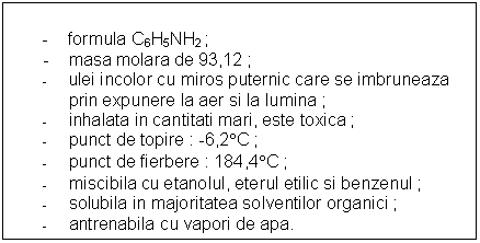 Text Box: 
 - formula C6H5NH2 ;
- masa molara de 93,12 ;
- ulei incolor cu miros puternic care se imbruneaza prin expunere la aer si la lumina ;
- inhalata in cantitati mari, este toxica ;
- punct de topire : -6,2C ;
- punct de fierbere : 184,4C ;
- miscibila cu etanolul, eterul etilic si benzenul ;
- solubila in majoritatea solventilor organici ;
- antrenabila cu vapori de apa. 
