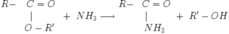 beginR-&C=O&|qquad&O-R' end + NH_3 longrightarrow beginR-&C=O&|qquad&NH_2 end + R'-OH