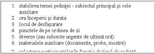 Text Box: 1. stabilirea temei sedintei - subiectul principal si cele auxiliare
2. ora inceperii si durata
3. locul de desfasurare
4. punctele de pe ordinea de zi
5. diverse (sau subiecte urgente de ultima ora)
6. materialele auxiliare (documente, probe, mostre)
7. selectarea participantilor in functie de tipul de sedinta
