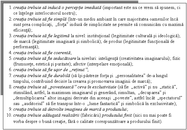 Text Box: 1. creatia trebuie sa induca o perceptie imediata (important este nu ce vrem sa spunem, ci ce intelege interlocutorul nostru); 
2. creatia trebuie sa fie simpla (intr-un mediu ambiant in care majoritatea oamenilor inca sunt prea complicati, 