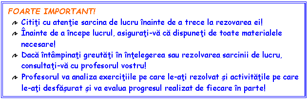 Text Box: FOARTE IMPORTANT!
 Cititi cu atentie sarcina de lucru nainte de a trece la rezovarea ei!
 nainte de a ncepe lucrul, asigurati-va ca dispuneti de toate materialele necesare!
 Daca ntmpinati greutati n ntelegerea sau rezolvarea sarcinii de lucru, consultati-va cu profesorul vostru!
 Profesorul va analiza exercitiile pe care le-ati rezolvat si activitatile pe care le-ati desfasurat si va evalua progresul realizat de fiecare n parte!
