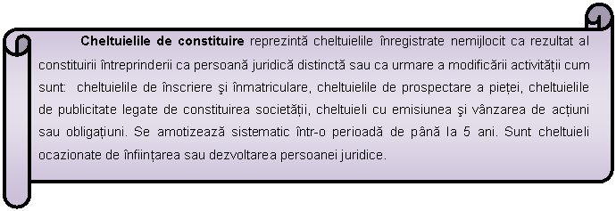 Horizontal Scroll: Cheltuielile de constituire reprezinta cheltuielile inregistrate nemijlocit ca rezultat al constituirii intreprinderii ca persoana juridica distincta sau ca urmare a modificarii activitatii cum sunt: cheltuielile de inscriere si inmatriculare, cheltuielile de prospectare a pietei, cheltuielile de publicitate legate de constituirea societatii, cheltuieli cu emisiunea si vanzarea de actiuni sau obligatiuni. Se amotizeaza sistematic intr-o perioada de pana la 5 ani. Sunt cheltuieli ocazionate de infiintarea sau dezvoltarea persoanei juridice.

