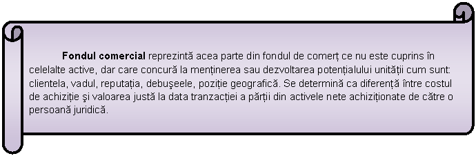 Horizontal Scroll: Fondul comercial reprezinta acea parte din fondul de comert ce nu este cuprins in celelalte active, dar care concura la mentinerea sau dezvoltarea potentialului unitatii cum sunt: clientela, vadul, reputatia, debuseele, pozitie geografica. Se determina ca diferenta intre costul de achizitie si valoarea justa la data tranzactiei a partii din activele nete achizitionate de catre o persoana juridica.

