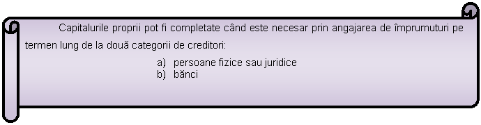 Horizontal Scroll: Capitalurile proprii pot fi completate cand este necesar prin angajarea de imprumuturi pe termen lung de la doua categorii de creditori:
a) persoane fizice sau juridice
b) banci

