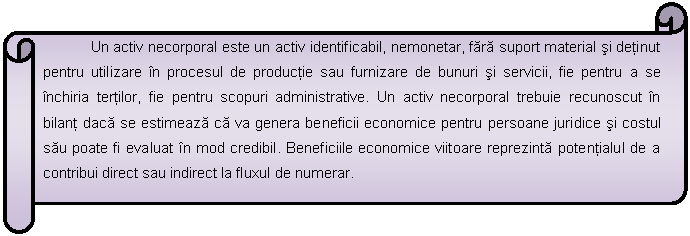 Horizontal Scroll: Un activ necorporal este un activ identificabil, nemonetar, fara suport material si detinut pentru utilizare in procesul de productie sau furnizare de bunuri si servicii, fie pentru a se inchiria tertilor, fie pentru scopuri administrative. Un activ necorporal trebuie recunoscut in bilant daca se estimeaza ca va genera beneficii economice pentru persoane juridice si costul sau poate fi evaluat in mod credibil. Beneficiile economice viitoare reprezinta potentialul de a contribui direct sau indirect la fluxul de numerar.

