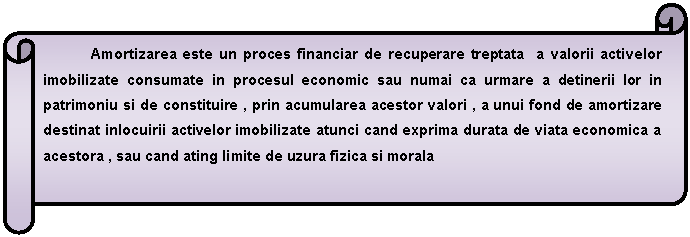 Horizontal Scroll: Amortizarea este un proces financiar de recuperare treptata a valorii activelor imobilizate consumate in procesul economic sau numai ca urmare a detinerii lor in patrimoniu si de constituire , prin acumularea acestor valori , a unui fond de amortizare destinat inlocuirii activelor imobilizate atunci cand exprima durata de viata economica a acestora , sau cand ating limite de uzura fizica si morala 

