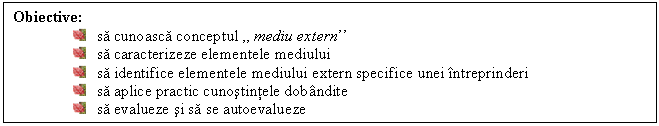 Text Box: Obiective:
 sa cunoasca conceptul ,, mediu extern''
 sa caracterizeze elementele mediului
 sa identifice elementele mediului extern specifice unei intreprinderi 
 sa aplice practic cunostintele dobandite
 sa evalueze si sa se autoevalueze
