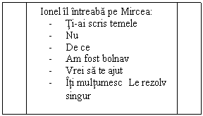 Flowchart: Predefined Process:    Ionel il intreaba pe Mircea:
-	Ti-ai scris temele
-	Nu
-	De ce
-	Am fost bolnav
-	Vrei sa te ajut
-	Iti multumesc  Le rezolv singur
