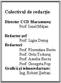 Text Box: Colectivul de redactie

Director CCD Maramures
	Prof. Ionel Matan

Redactor sef
	Prof. Ligia Durus
Redactori:
	Prof. Florentina Baciu
	Prof. Gelu Todorut
	Prof. Amelia Baciu
	Prof. Georgeta Pop
Grafica si tehnoredactare:
	Ing. Robert Serban



