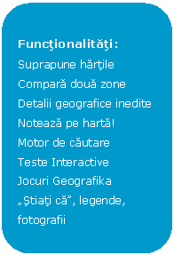 Rounded Rectangle: Functionalitati: 
Suprapune hartile
Compara doua zone
Detalii geografice inedite
Noteaza pe harta!
Motor de cautare
Teste Interactive
Jocuri Geografika
