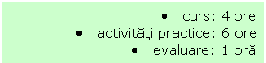 Text Box: .	curs: 4 ore
.	activitati practice: 6 ore
.	evaluare: 1 ora
