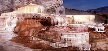 The calcite terraces at Mammoth Hot Springs. These springs flourished with water until the late 1970s, but are currently dry.