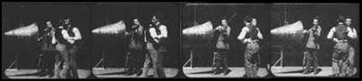 Frames from early experimental attempt to create sound motion pictures by the Edison Manufacturing Company show Kinetophones in action