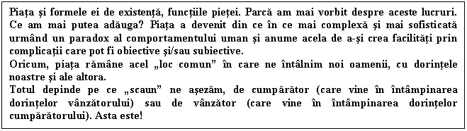 Text Box: Piata si formele ei de existenta, functiile pietei. Parca am mai vorbit despre aceste lucruri. Ce am mai putea adauga? Piata a devenit din ce n ce mai complexa si mai sofisticata urmnd un paradox al comportamentului uman si anume acela de a-si crea facilitati prin complicatii care pot fi obiective si/sau subiective.
Oricum, piata ramne acel loc comun n care ne ntlnim noi oamenii, cu dorintele noastre si ale altora.
Totul depinde pe ce scaun ne asezam, de cumparator (care vine n ntmpinarea dorintelor vnzatorului) sau de vnzator (care vine n ntmpinarea dorintelor cumparatorului). Asta este!

