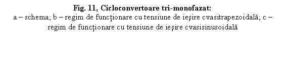 Text Box: Fig. 11, Cicloconvertoare tri-monofazat:
a - schema; b - regim de functionare cu tensiune de iesire cvasitrapezoidala; c - regim de functionare cu tensiune de iesire cvasisinusoidala
