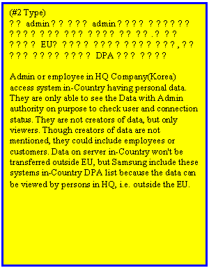 Text Box: (#2 Type)
본사 admin 또는 직원이 admin 권한으로 구주시스템을 접속해서 사용자 정보를 조회할수 있는 경우. 이 구주 시스템은 EU외 지역으로 데이타를 보내지는 않지만, 외부 사람이 조회할수 있으므로 DPA 대상에 포함시킴

Admin or employee in HQ Company(Korea)  access system in-Country having personal data. They are only able to see the Data with Admin authority on purpose to check user and connection status. They are not creators of data, but only viewers. Though creators of data are not mentioned, they could include employees or customers. Data on server in-Country won't be transferred outside EU, but Samsung include these systems in-Country DPA list because the data can be viewed by persons in HQ, i.e. outside the EU.
