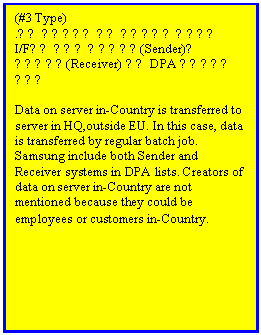 Text Box: (#3 Type)
.구주 시스템에서 본사 시스템으로 데이터를 I/F하는 경우로 구주시스템(Sender)과 본사시스템(Receiver) 모두 DPA 계약대상에 포함됨

Data on server in-Country is transferred to server in HQ,outside EU. In this case, data is transferred by regular batch job. Samsung include both Sender and Receiver systems in DPA lists. Creators of data on server in-Country are not mentioned because they could be employees or customers in-Country.
