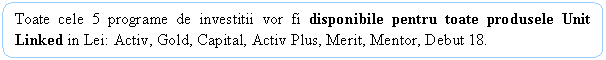 Rounded Rectangle: Toate cele 5 programe de investitii vor fi disponibile pentru toate produsele Unit Linked in Lei: Activ, Gold, Capital, Activ Plus, Merit, Mentor, Debut 18.