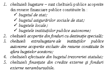 Text Box: 1. cheltuieli bugetare - sunt cheltuieli publice acoperite din resurse financiare publice constituite in :
 bugetul de stat;
 bugetul asigurarilor sociale de stat;
 bugetele locale;
 bugetele institutiilor publice autonome;
2. cheltuieli acoperite din fonduri cu destinatie speciala;
3. cheltuieli extrabugetare ale institutiilor publice autonome acoperite exclusiv din resurse constituite in afara bugetelor acestora;
4. cheltuieli efectuate din bugetul trezoreriei statului;
5. cheltuieli finantate din credite externe si fonduri externe nerambursabile.
