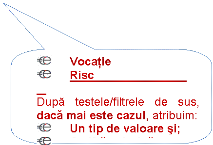 Rounded Rectangular Callout: Vocatie
 Risc 
Dupa testele/filtrele de sus, daca mai este cazul, atribuim:
 Un tip de valoare si;
 O cifra valorica
