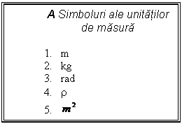 Text Box: A Simboluri ale unitatilor de masura

1.	m
2.	kg
3.	rad
4.	r
5.	 

