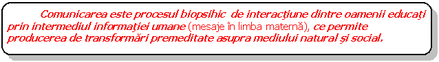 Rounded Rectangle: Comunicarea este procesul biopsihic de interactiune dintre oamenii educati prin intermediul informatiei umane (mesaje in limba materna), ce permite producerea de transformari premeditate asupra mediului natural si social.

