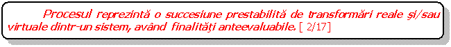 Rounded Rectangle: Procesul reprezinta o succesiune prestabilita de transformari reale si/sau virtuale dintr-un sistem, avand finalitati anteevaluabile. [ 2/17]

